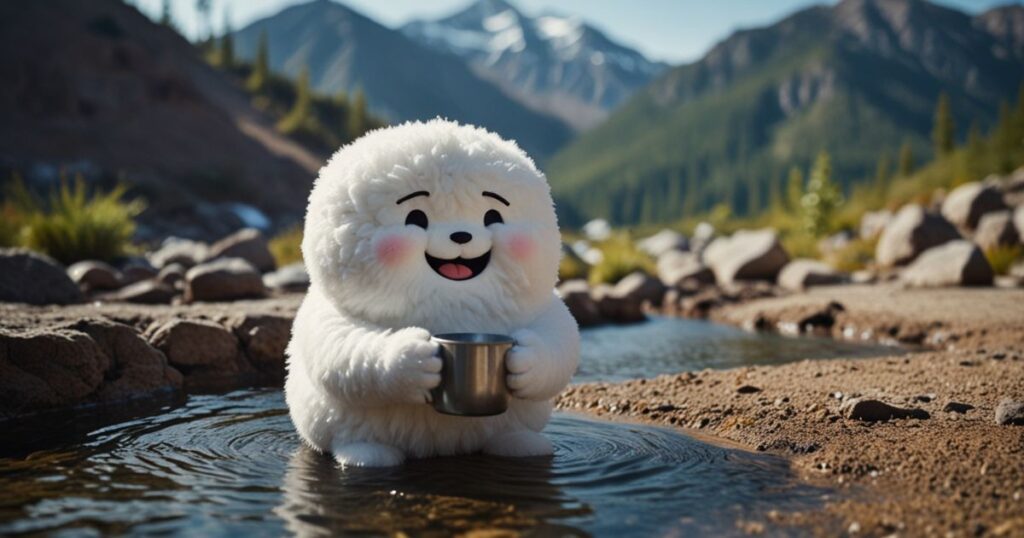 A white, fluffy, marshmallow-like character is drinking water from a cup next to a natural hot spring.