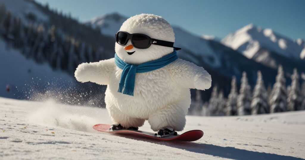 The white, fluffy, marshmallow-like character can be seen enjoying snowboarding.