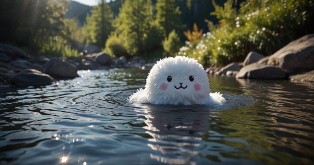 The white, fluffy, marshmallow-like character is soaking in a natural hot spring.