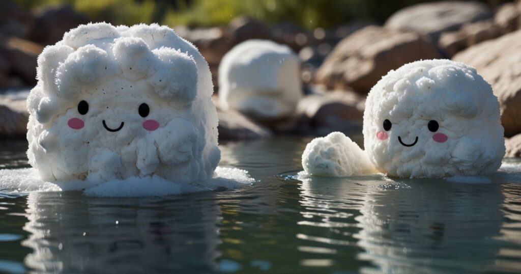 White, fluffy, marshmallow-like characters feel the difference of natural hot springs.