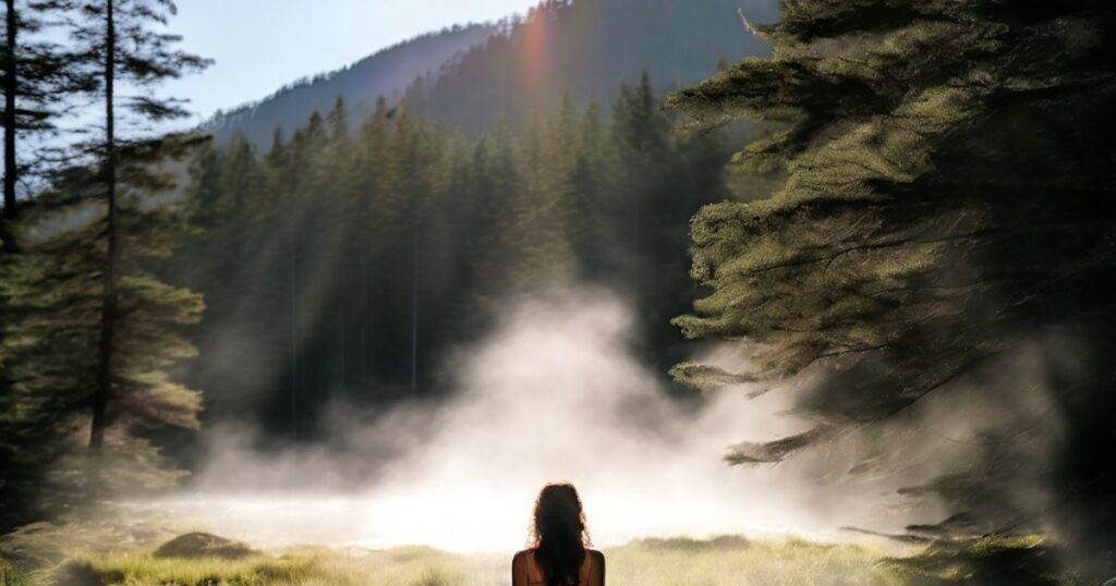 A person relaxing in a natural hot spring surrounded by lush greenery