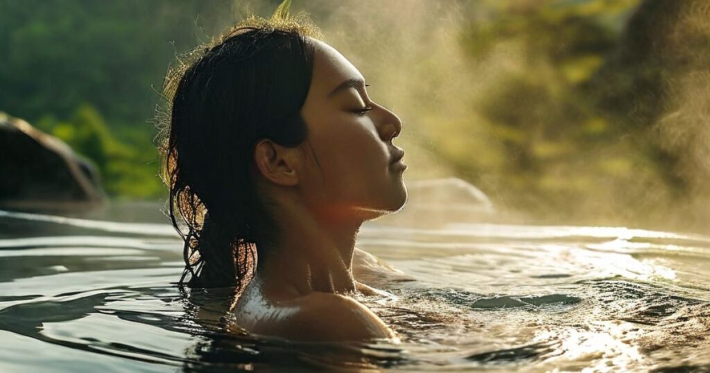 A person with visible relief on their face, relaxing in a steaming hot spring surrounded by scenic mountains, with subtle visual cues indicating reduced back pain