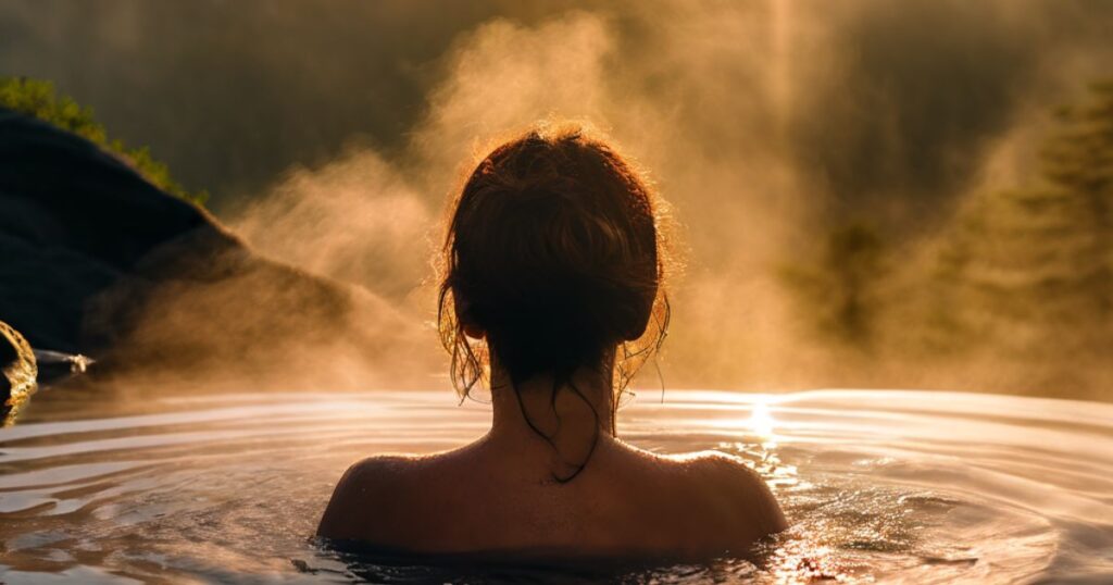 A person with visible relief on their face, relaxing in a steaming hot spring surrounded by scenic mountains, with subtle visual cues indicating reduced back pain