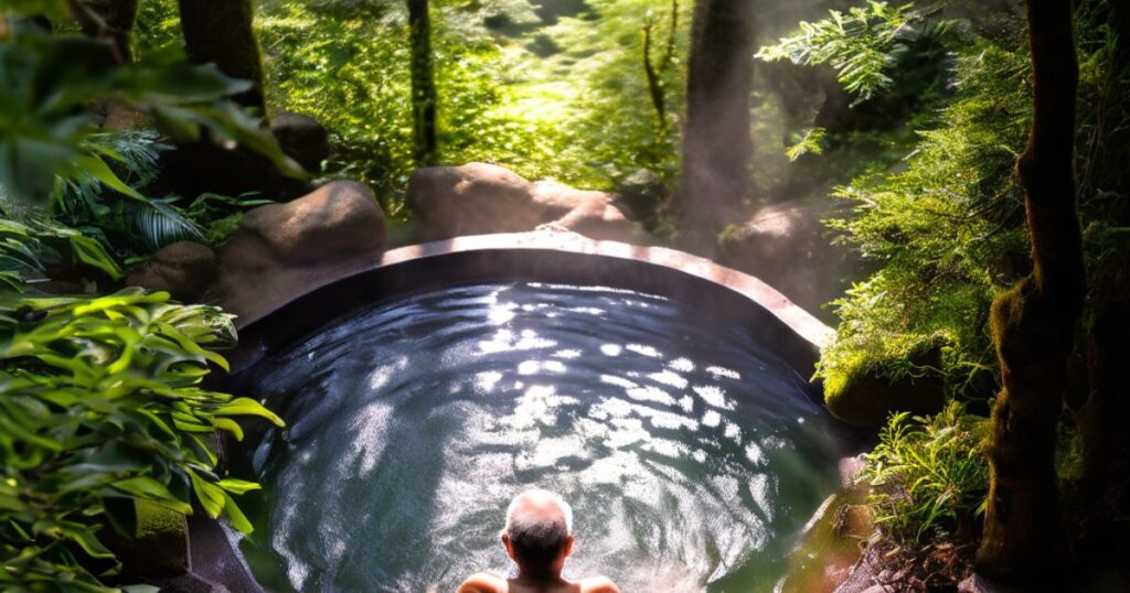 Elderly man reading scientific paper on hypertension and gut microbiome while soaking in an outdoor hot spring surrounded by forest
