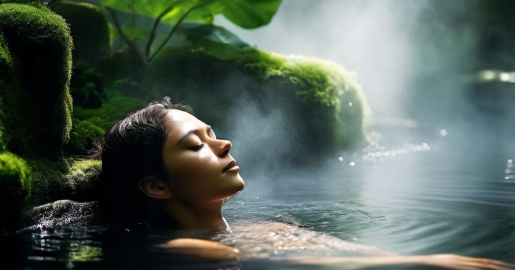 A person relaxing in a natural hot spring surrounded by lush greenery