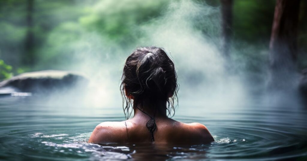 Person relaxing in a natural hot spring surrounded by lush greenery with rising steam