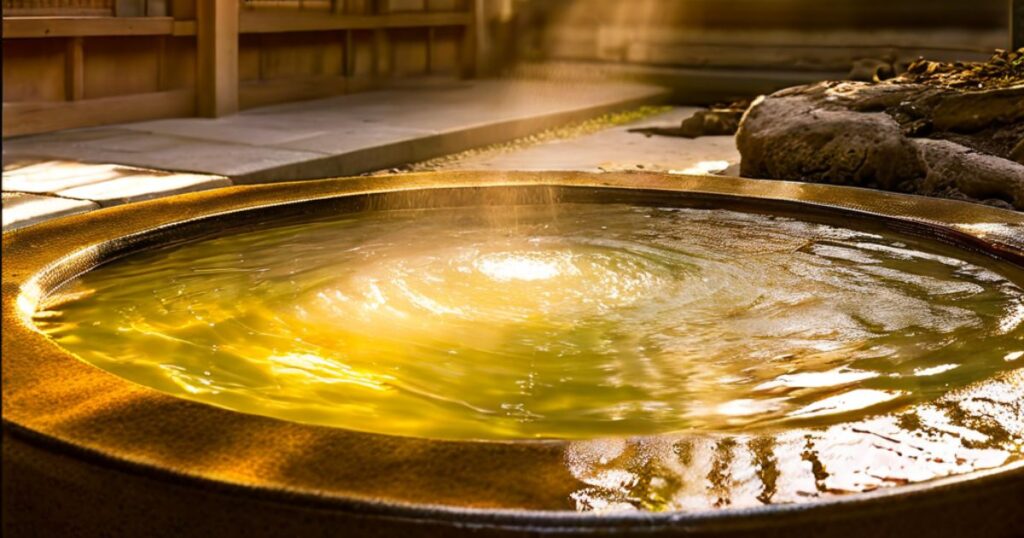 Circular stone basin with flowing mineral water in a traditional Japanese onsen interior
