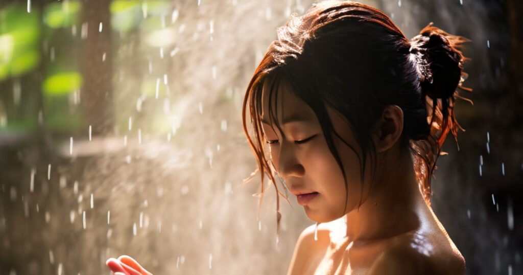 Person crouching to scoop water from stone basin for kakeyu in a traditional Japanese onsen