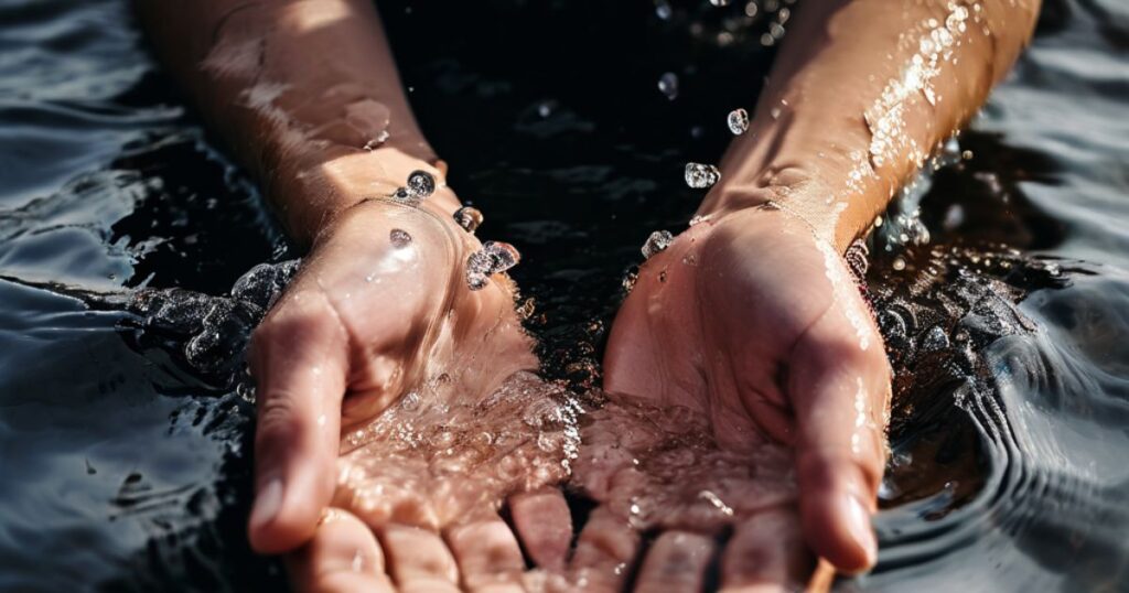 A person's hands and feet submerged in warm water
