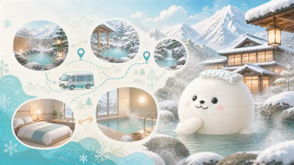 新潟県の雪景色の温泉旅で、送迎・ベッド客室・内湯など腰痛持ちが確認したい宿選びのポイントを表したイラスト
