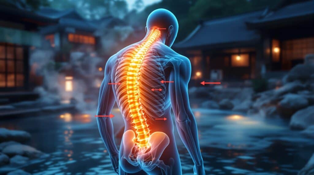 温泉の腰痛改善メカニズムを示す医療イラスト。露天風呂を背景に半透明の人体解剖モデルが立ち、オレンジ色に発光する脊椎と腰部の筋肉組織が可視化され、赤い矢印が温熱作用による血流改善効果を指し示す科学的説明図
