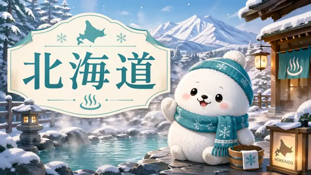 代替テキスト： 北海道の雪見露天風呂と白くてふわふわしたキャラクターを描いた、腰痛に良さそうな温泉旅のアイキャッチ画像
