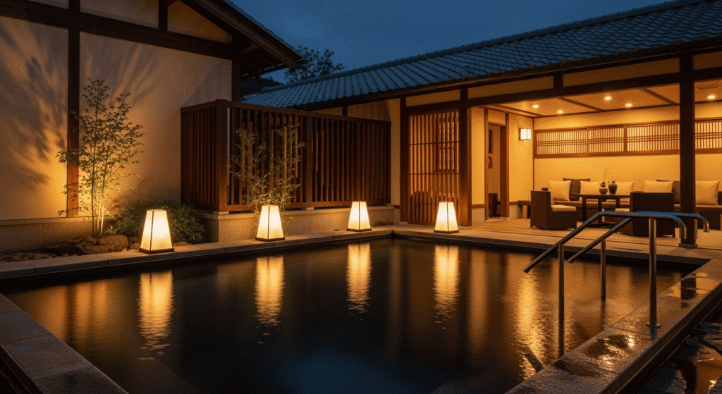 夕暮れの高級温泉旅館。伝統的な日本建築の露天風呂付き客室で、温かみのあるオレンジ色の照明が水面に美しく映り込む。格子戸と竹垣が和の風情を演出し、モダンな和室が奥に見える上質な温泉宿の贅沢な空間