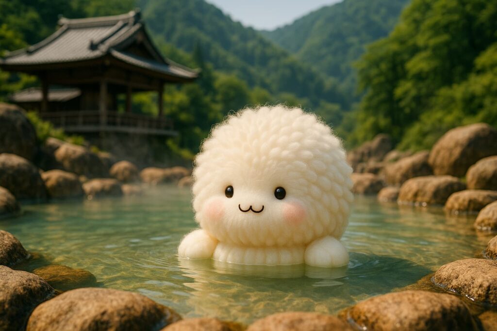 日本の自然の中にある伝統的な露天風呂で、白くてフワフワした可愛いキャラクターが笑顔で酸性泉を楽しんでいる実写風画像。日本が誇る特別な温泉文化を象徴する癒しのシーン。