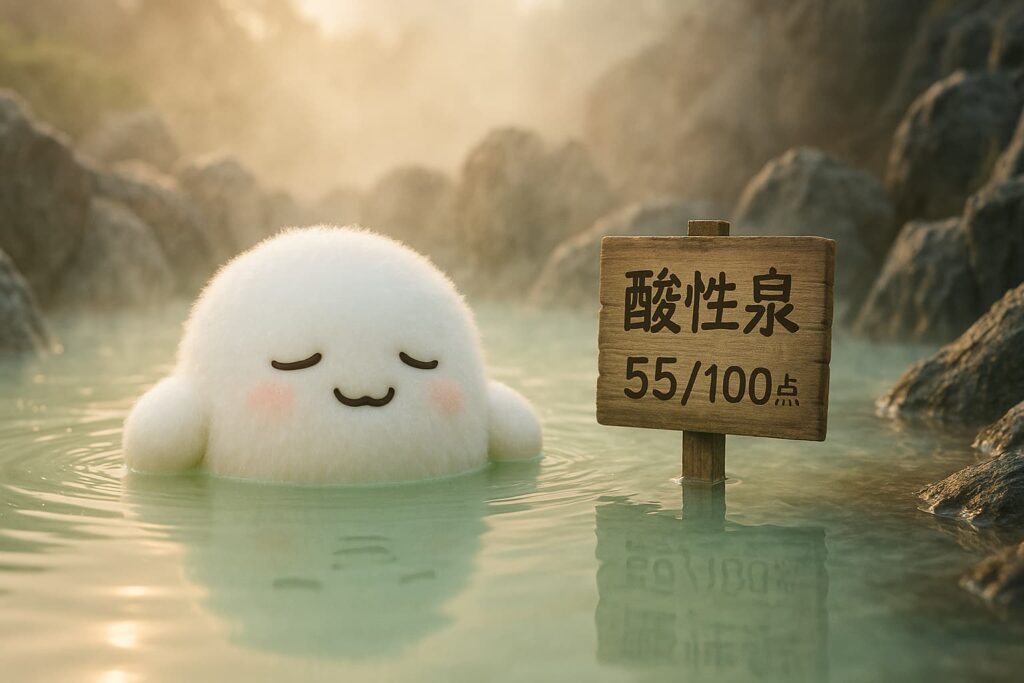 Photorealistic 16:9 image of a fluffy white mascot soaking in a pale green acidic hot spring surrounded by dark volcanic rocks, next to a wooden sign reading “酸性泉 55/100点”, with rising steam in warm morning light.