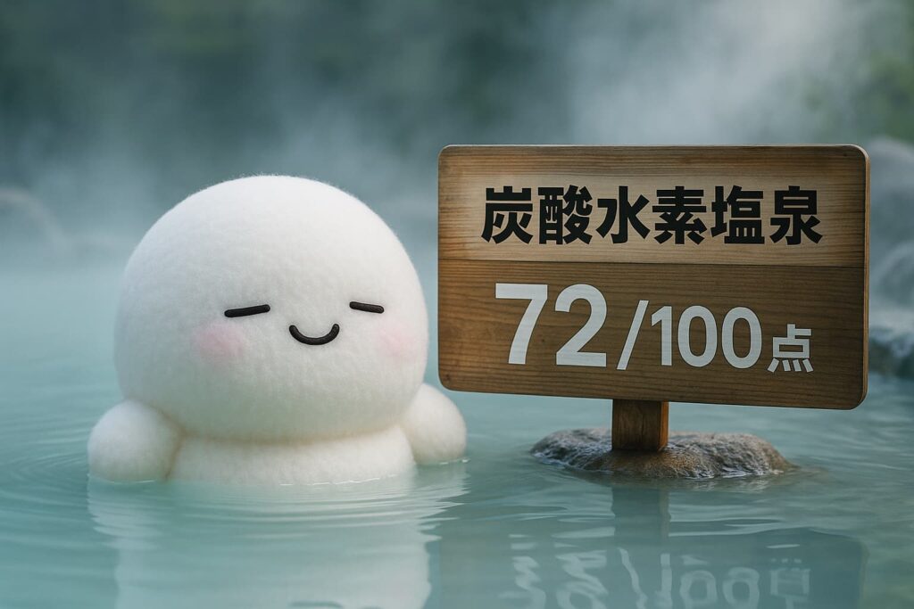 Photorealistic image of a fluffy white mascot relaxing in a pale blue bicarbonate hot spring, next to a wooden sign reading “炭酸水素塩泉 72/100点”, with gentle steam and rocky edges in the background.