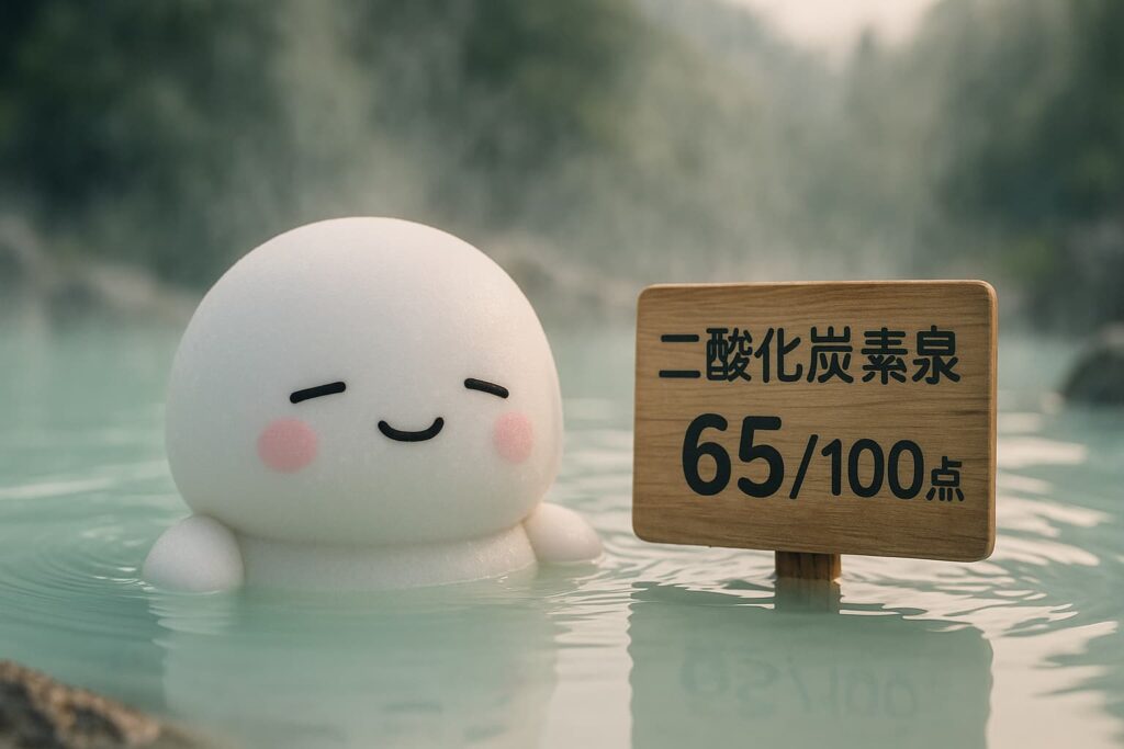 Photorealistic 16:9 image of a fluffy white mascot relaxing in a pale green carbonated hot spring, next to a wooden sign reading “二酸化炭素泉 65/100点”, with soft steam and forested background.