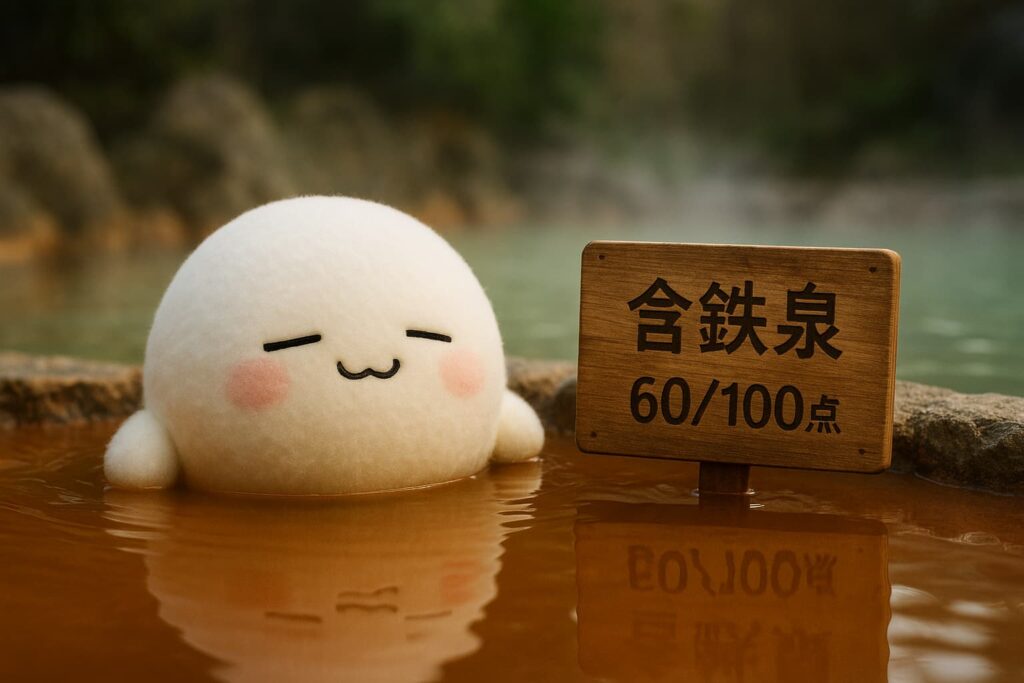 Photorealistic 16:9 image of a fluffy white mascot relaxing in a rust-colored ferruginous hot spring, next to a wooden sign reading “含鉄泉 60/100点”, with soft steam and rocky surroundings.