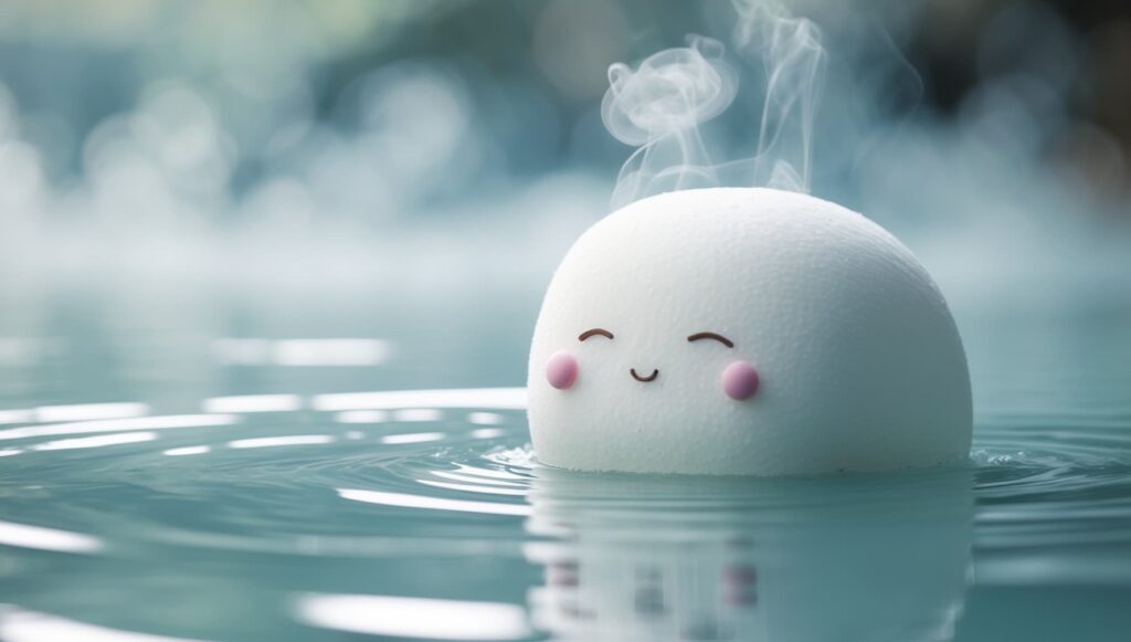 実写風の箱根露天風呂に浸かる白いフワフワキャラクター。山々を背景に湯気立つ温泉と「神奈川県の腰痛に効く日帰り温泉ガイド」の文字。