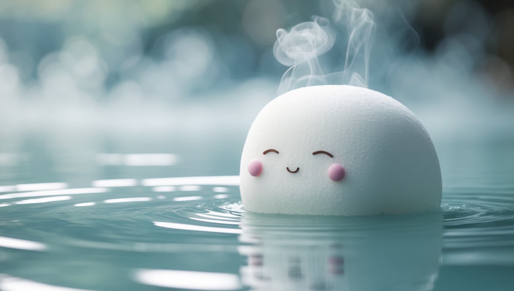 実写風の箱根露天風呂に浸かる白いフワフワキャラクター。山々を背景に湯気立つ温泉と「山梨県の腰痛に効く日帰り温泉ガイド」の文字。
