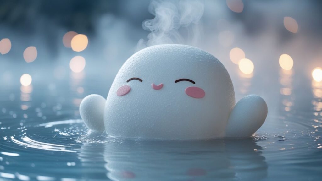 白くてふわふわしたキャラクターが露天風呂に浸かっている実写風の温泉シーン