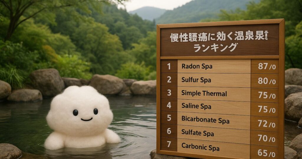 Photorealistic scene of a fluffy white mascot relaxing in an outdoor Japanese hot spring, with a wooden ranking board listing the top mineral springs for chronic low back pain relief, set against lush mountains.