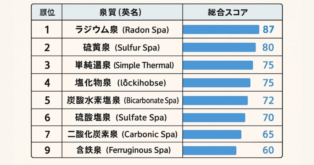 Table-style infographic listing nine hot-spring mineral types ranked by total score for chronic low back pain relief, showing Radon Spa at 87 down to Ferruginous Spa at 60, with blue bars visualizing each score.