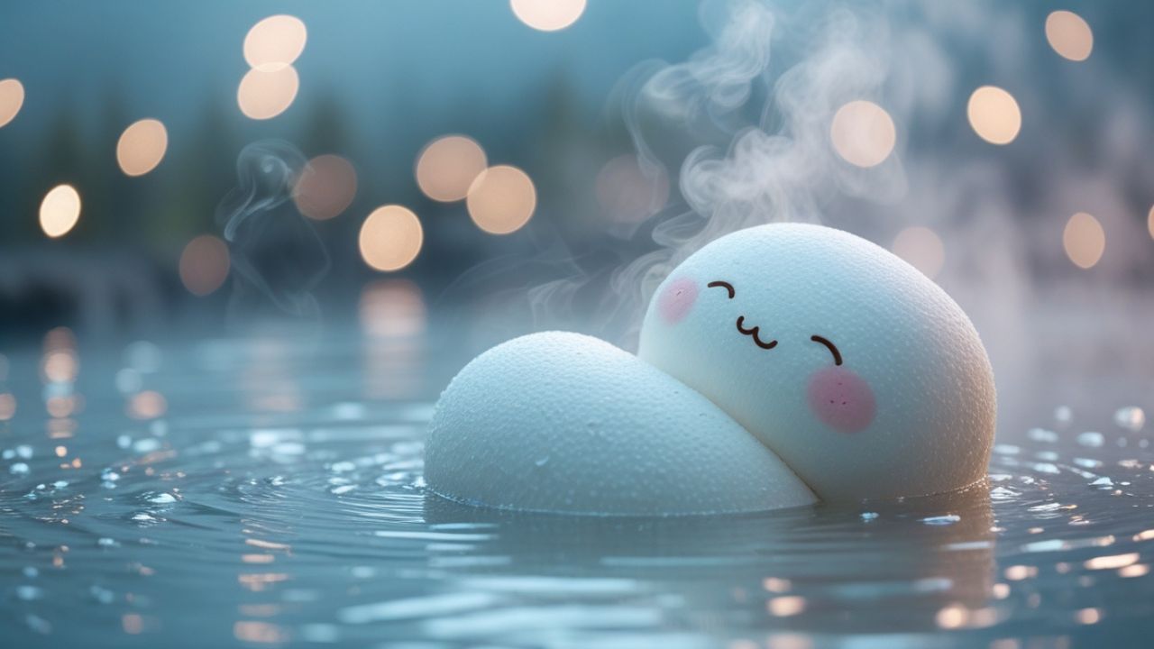 温泉に浸かってリラックスしている、白くてフワフワしたかわいいキャラクターの実写風イラスト。背景には幻想的な湯気とボケ味のある光が広がっている。