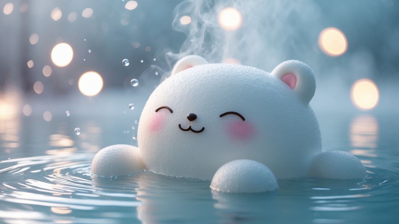 湯気立つ温泉に浸かり笑顔でリラックスする白くてフワフワしたクマのキャラクター（放射能泉調査記事イメージ）