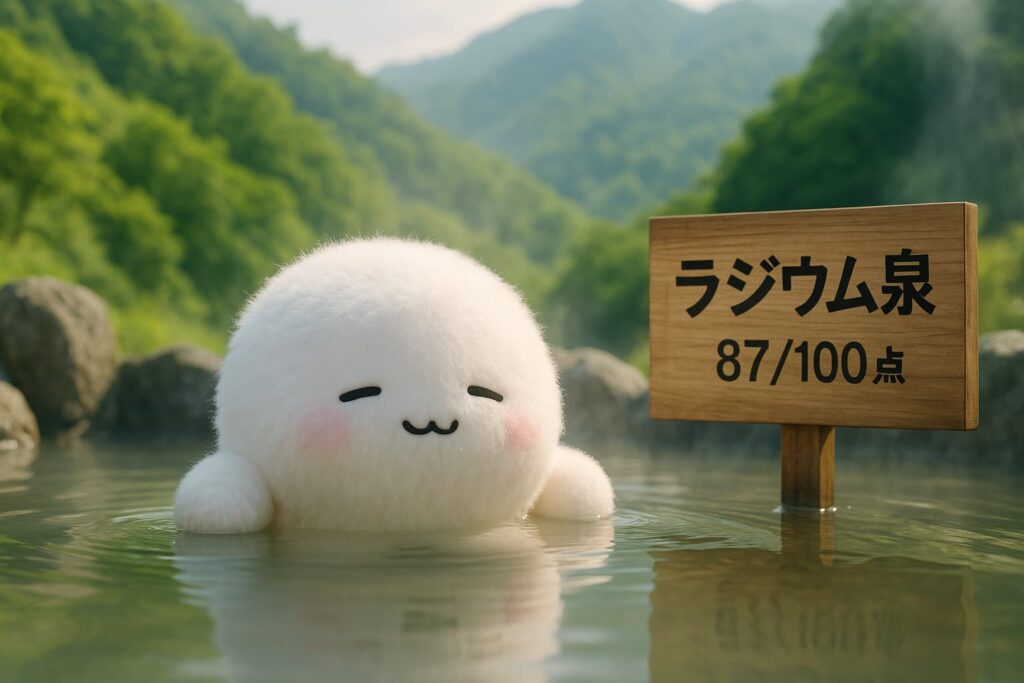 Photorealistic scene of a fluffy white mascot soaking in a radon hot spring, with a wooden sign reading “ラジウム泉 87/100点” against a lush mountain backdrop.
