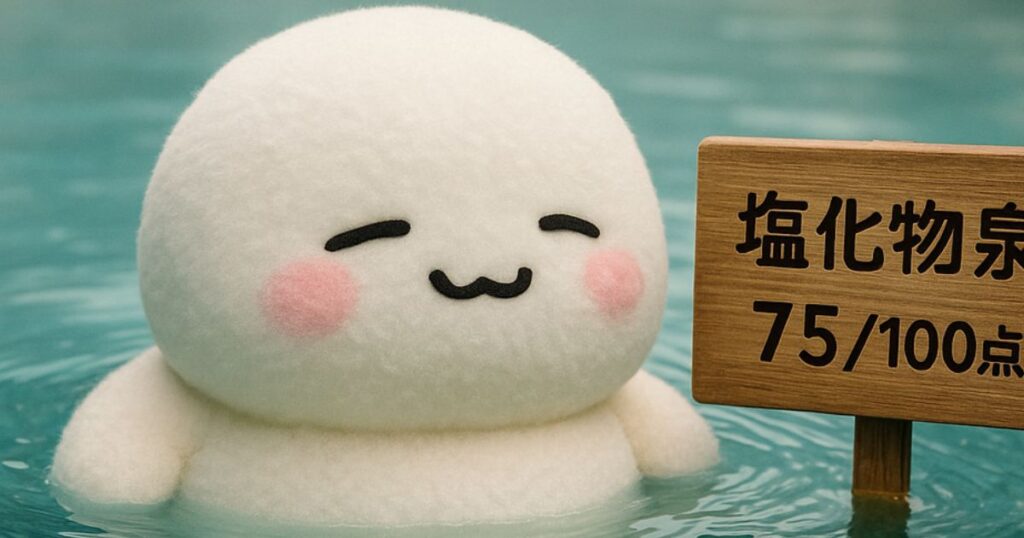 Photorealistic image of a fluffy white mascot enjoying a turquoise saline hot spring, beside a wooden sign that reads “塩化物泉 75/100点”, with steam and rocky surroundings.
