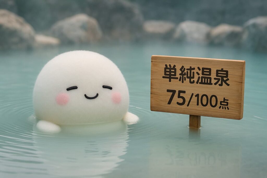 Photorealistic image of a fluffy white mascot relaxing in a clear simple thermal hot spring, next to a wooden sign reading “単純温泉 75/100点”, with soft rocky edges and gentle mist.