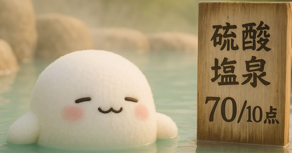 Photorealistic 16:9 image of a fluffy white mascot relaxing in a pale green sulfate hot spring at sunset, next to a wooden sign reading “硫酸塩泉 70/100点”, with warm light and gentle steam rising.