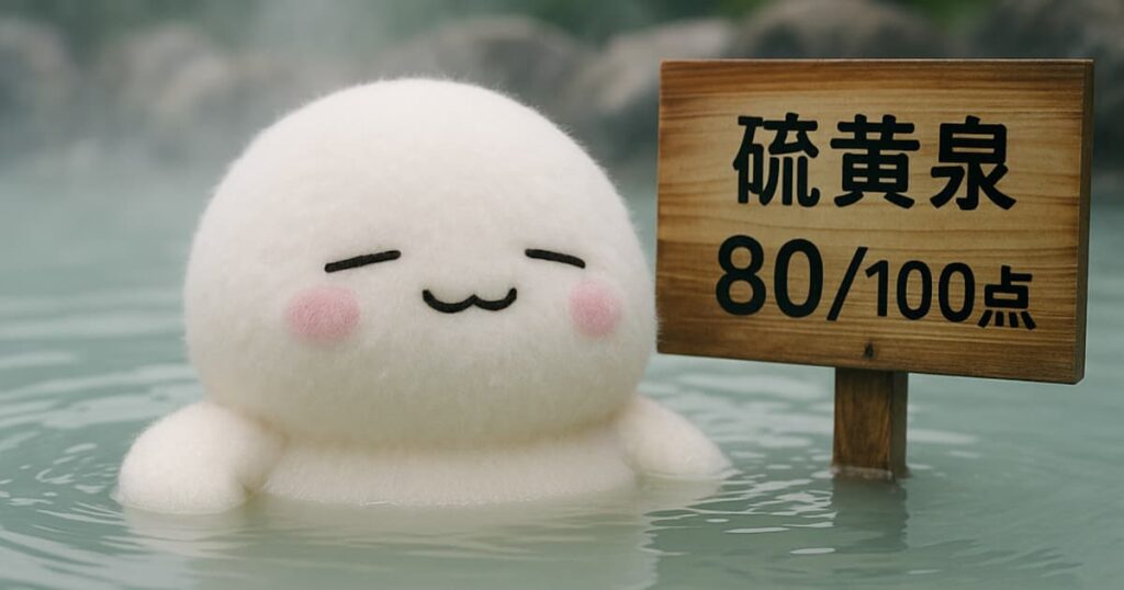 Photorealistic image of a fluffy white mascot soaking in a pale blue sulfur hot spring, next to a wooden sign that reads “硫黄泉 80/100点”, with misty trees and rocks in the background.