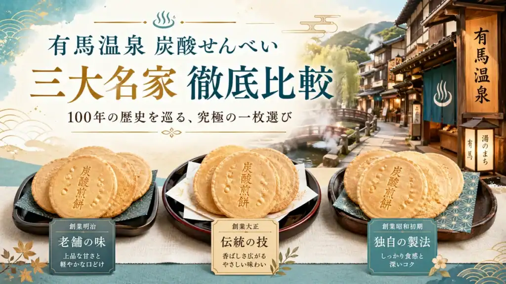 代替テキスト： 有馬温泉の炭酸せんべい三大名家を比較したアイキャッチ画像。温泉街の風景を背景に3種類の炭酸せんべいを紹介
