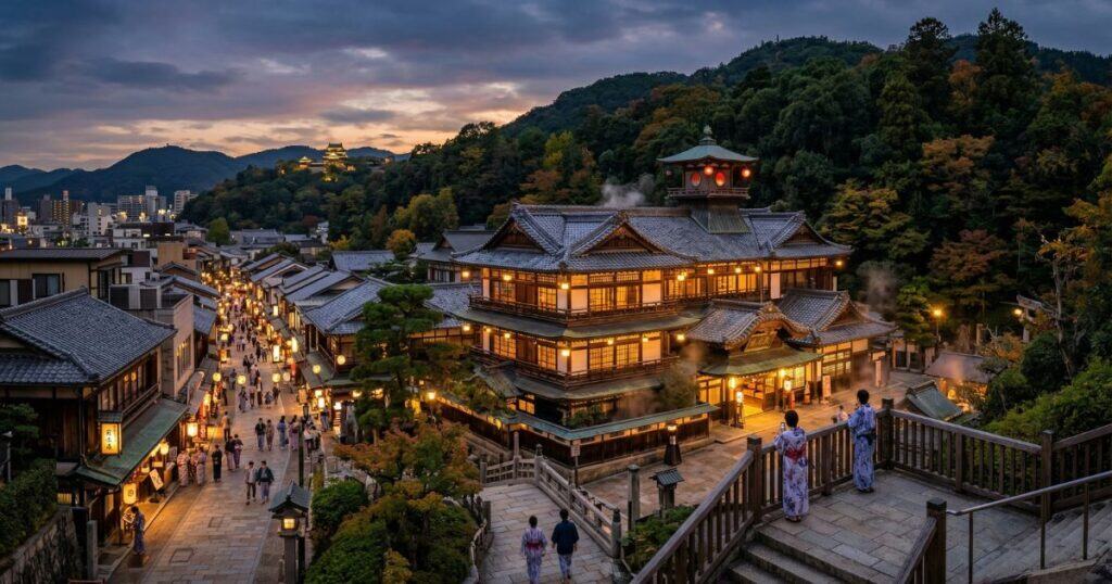 夕暮れ時にライトアップされた道後温泉本館を模した幻想的な風景。浴衣姿で歩く観光客と温泉街の街並み。