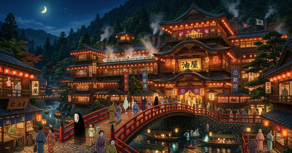 夜の幻想的な温泉街の風景。赤い橋を渡る人々や、灯りが灯る豪華な木造の湯屋。