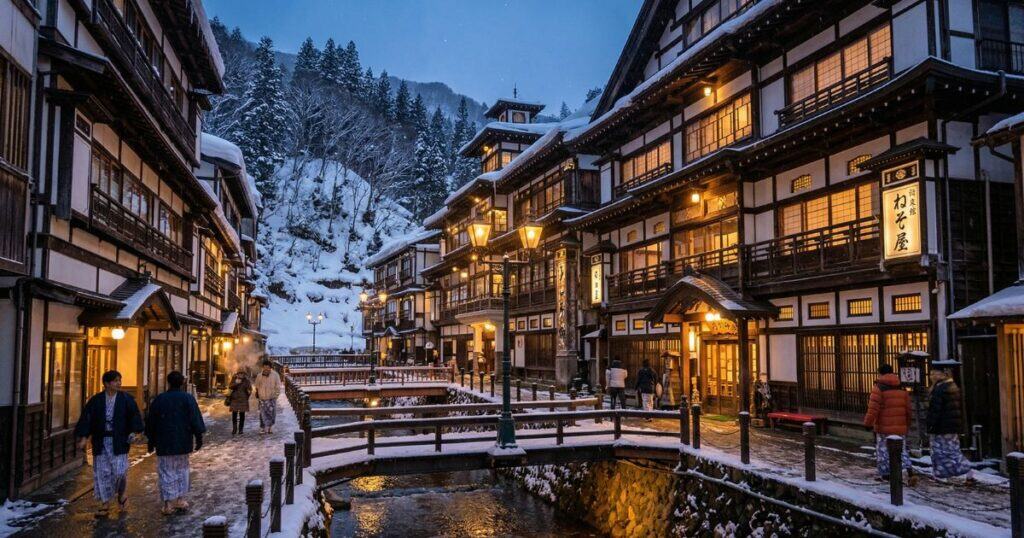 雪が積もった夜の銀山温泉の街並み。川に架かる橋と、温かいオレンジ色の灯りが灯る多層建ての木造旅館。