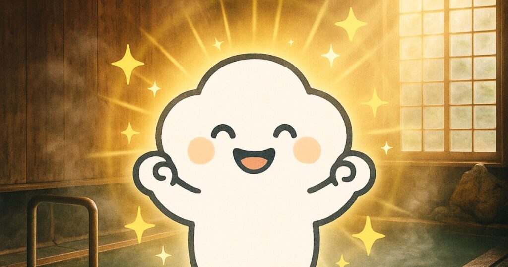好転反応から劇的回復した元気な白くてフワフワのキャラクターが肘折温泉の浴室内で輝いているイメージイラスト