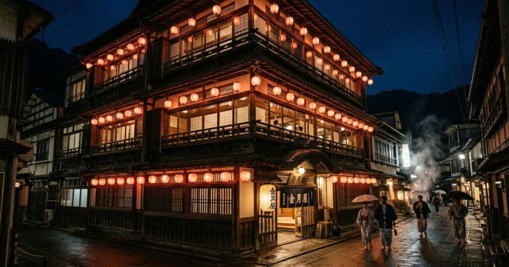 渋温泉の金具屋前を、浴衣姿で傘を差して歩く観光客。濡れた路面に提灯の光が反射している。