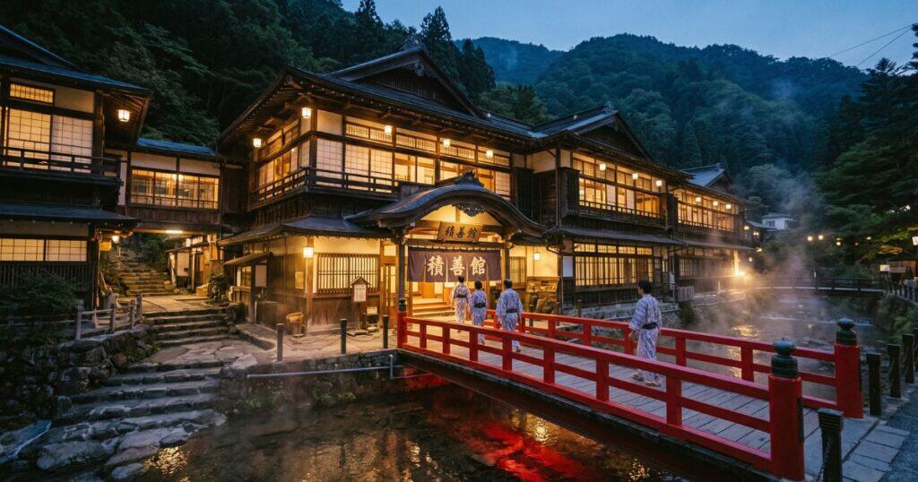 夜の四万温泉・積善館を模した、赤い橋と歴史的な木造建築の幻想的な風景。