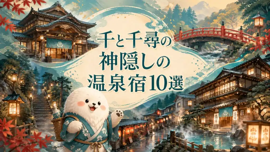 代替テキスト： 千と千尋の神隠しの温泉宿10選を紹介するアイキャッチ画像。日本の温泉街と白くふわふわしたキャラクターを描いたイラスト
