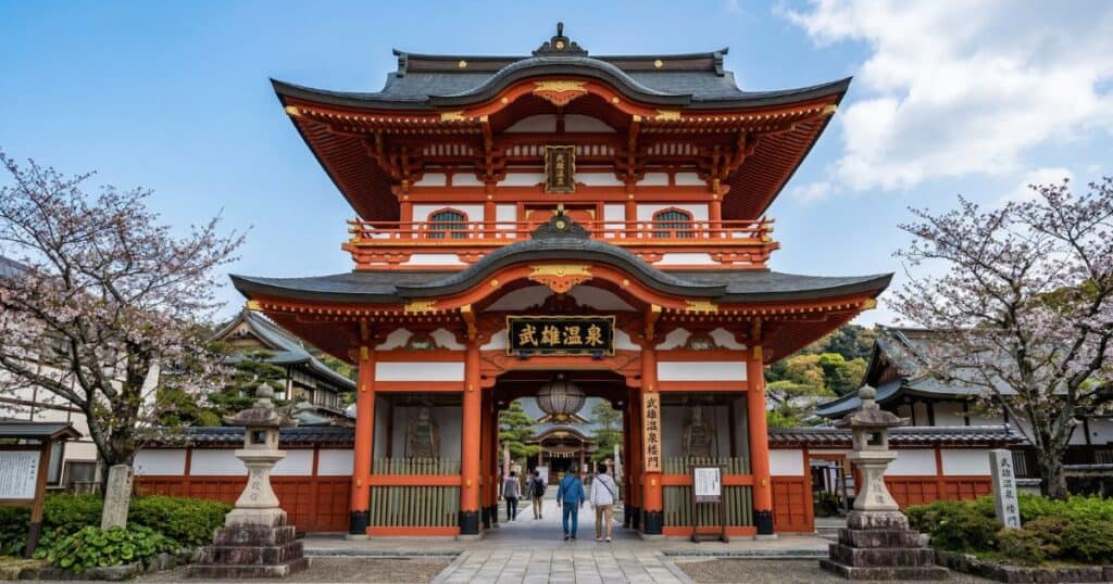 鮮やかな朱塗りと白壁が美しい、竜宮城を思わせる武雄温泉楼門。