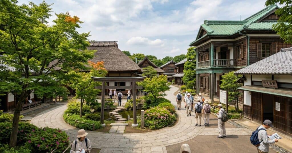 歴史的な街並みを散策する観光客と、初夏の緑に包まれた歴史公園の風景。