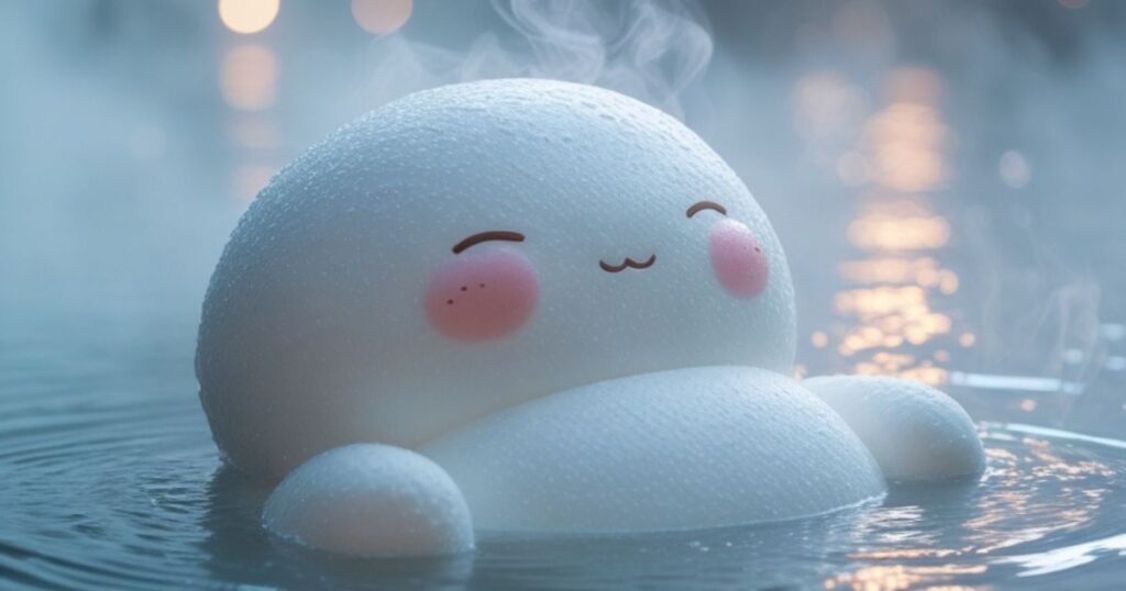 山形の硫黄泉で腰痛に効く温泉でくつろぐキャラクター