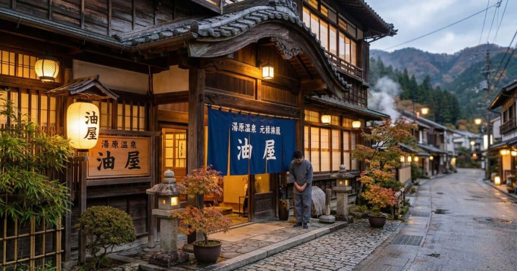 岡山県湯原温泉の老舗宿「油屋」をイメージした、提灯の明かりが温かい木造建築の入り口。