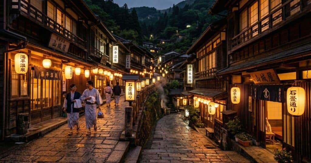 大分県湯平温泉の石畳の坂道。夜、温かい提灯の光に包まれて浴衣姿で歩く観光客と木造の温泉旅館。