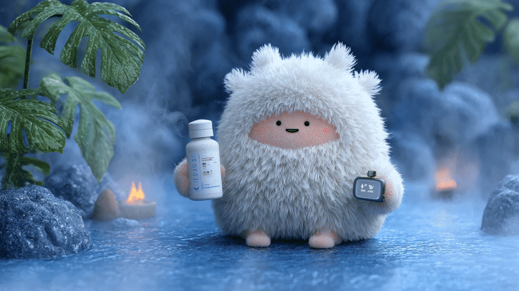Fluffy white mascot character soaking in a hot spring holding a timer and water bottle