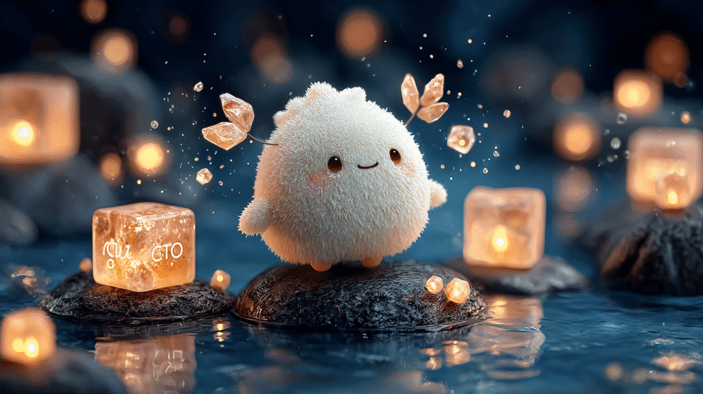 Mascot character surrounded by mineral icons representing hot spring types