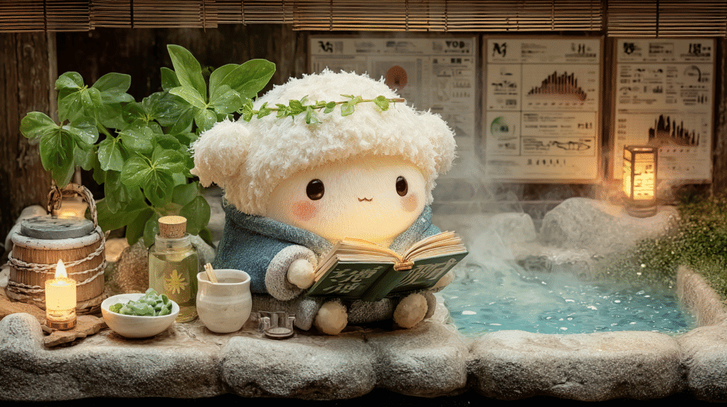 Fluffy white mascot character reading a research book about hot springs beside a steaming bath